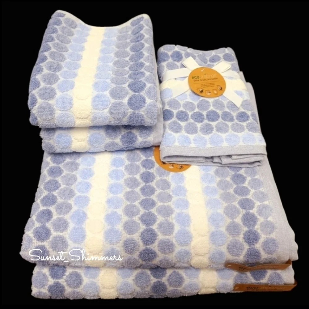 6pc ECO Melange 2 Bath 2 Hand 2 Tip Towel Set Blue Ombre Dot Stripe New